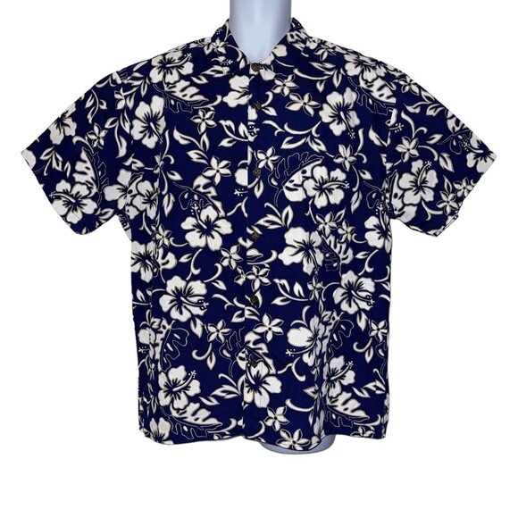 Retro Hilo Hattie Hawaiian Shirt Mens XL Floral Plumeria Leaf Aloha Beach Blue - Picture 1 of 10